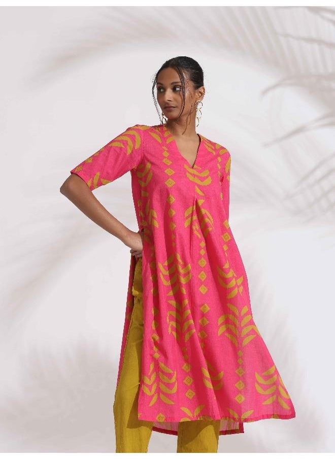trueBrowns Pink Cotton Print A-line Kurta Set
