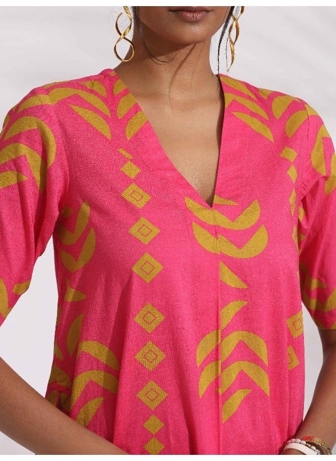 trueBrowns Pink Cotton Print A-line Kurta Set
