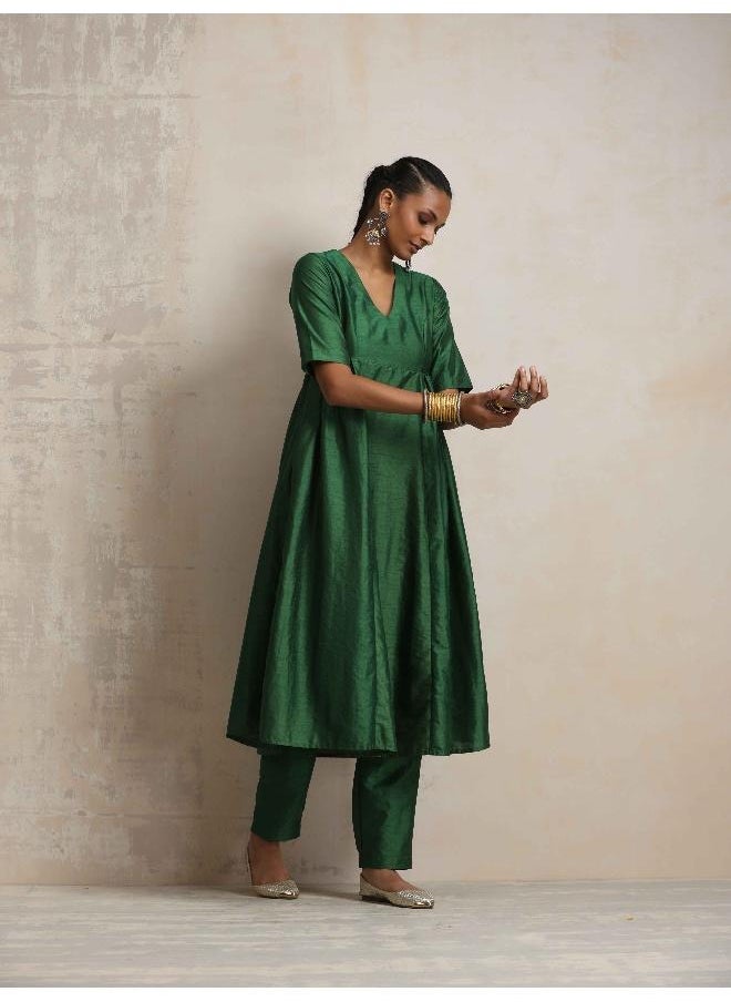 Dark Green Silk Anarkali Flared Kurta Set