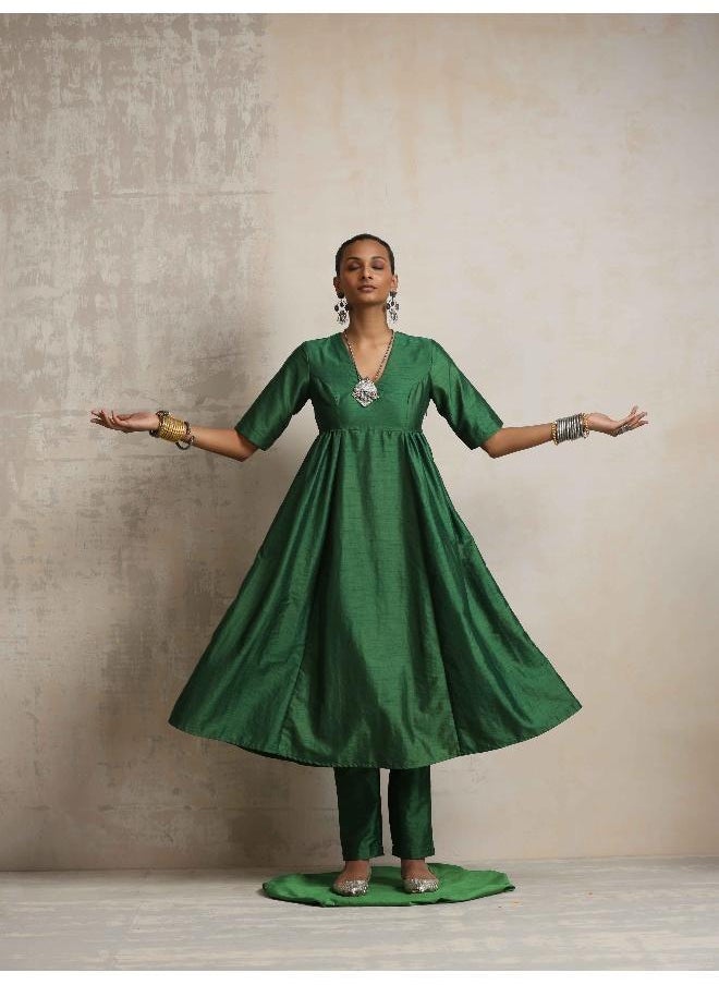 Dark Green Silk Anarkali Flared Kurta Set