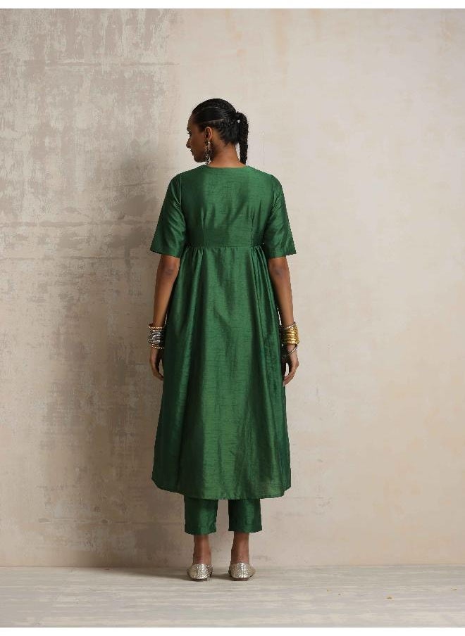 Dark Green Silk Anarkali Flared Kurta Set