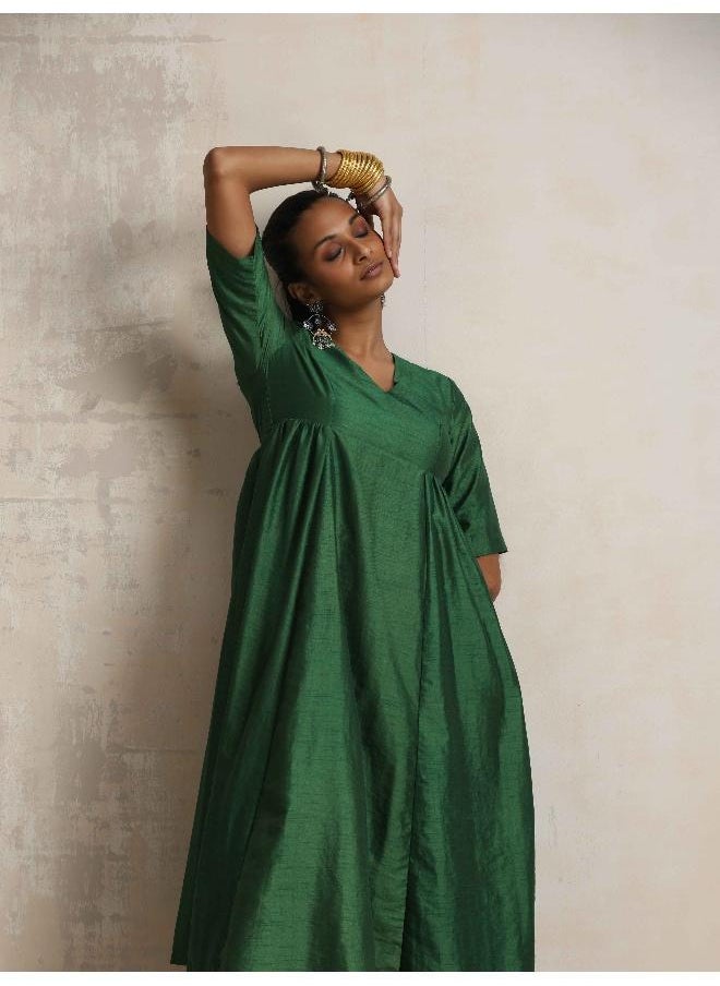 Dark Green Silk Anarkali Flared Kurta Set