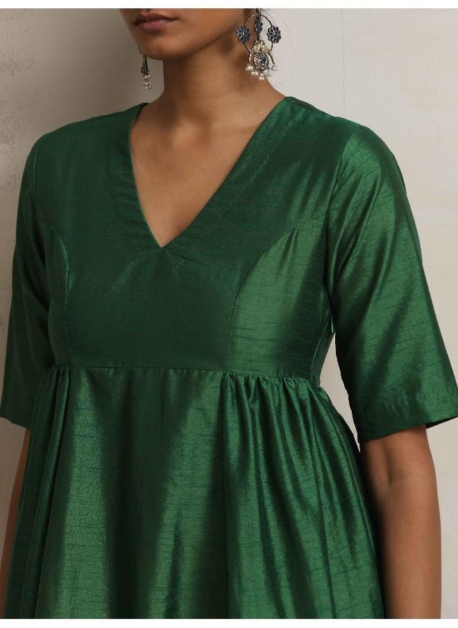 Dark Green Silk Anarkali Flared Kurta Set
