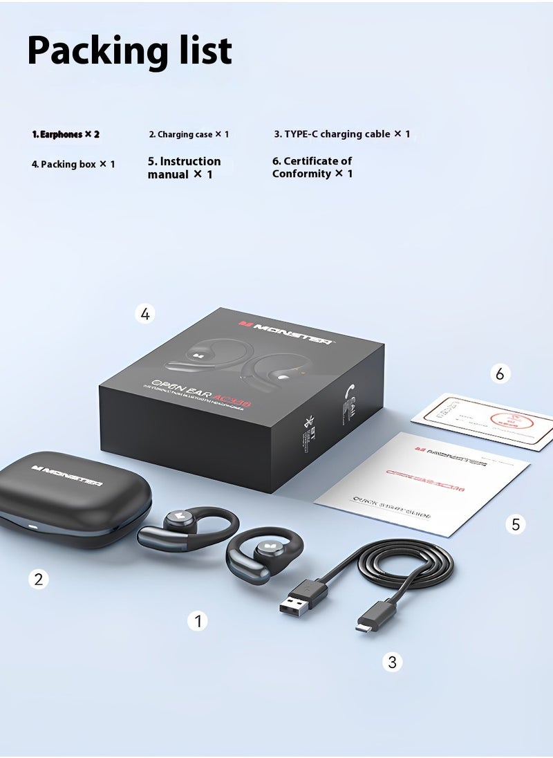 Monster Open Ear AC336 Headphones, Bluetooth 5.3 Wireless Earphones, Stereo Sound, Super Long Playback, Clear Calls, Stylish Swivel Box with Lanyard, Sweat-Proof Open Ear Wireless Earbuds