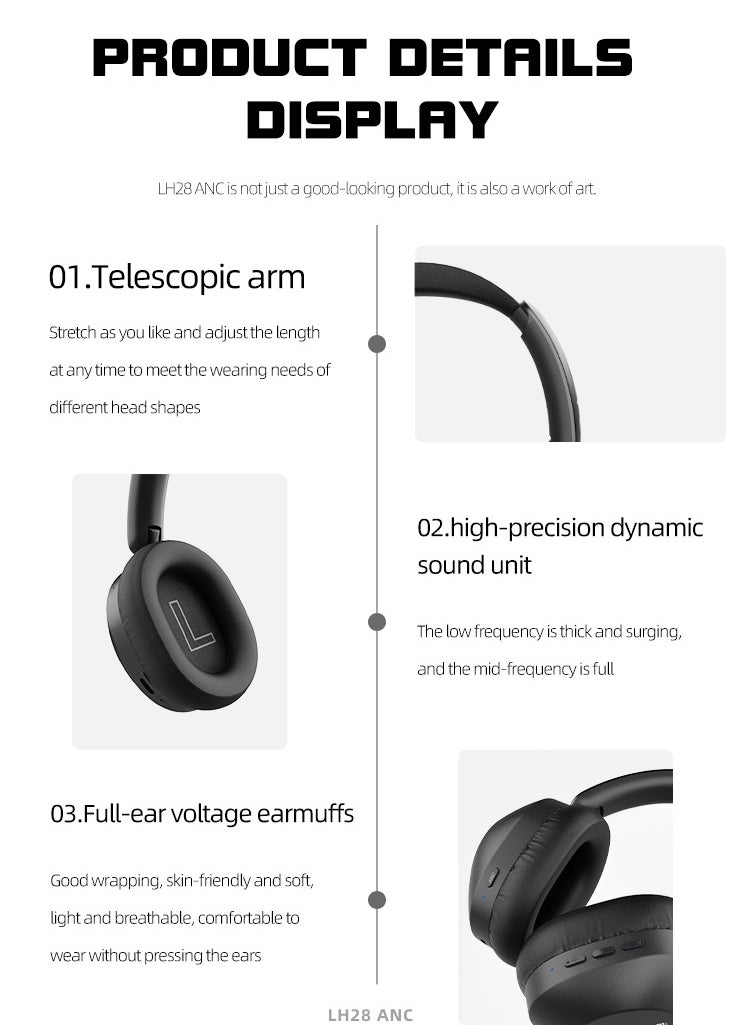 LENYES LH28 ANC Adaptive Active Noise Cancelling Headphones, 2X Stronger Human Voice Reduction, 60H ANC Playtime, App Control, LDAC Hi-Res Wireless Audio, Comfortable Fit, Bluetooth 5.4 - Black