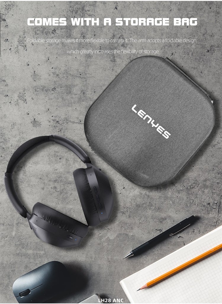 LENYES LH28 ANC Adaptive Active Noise Cancelling Headphones, 2X Stronger Human Voice Reduction, 60H ANC Playtime, App Control, LDAC Hi-Res Wireless Audio, Comfortable Fit, Bluetooth 5.4 - Black