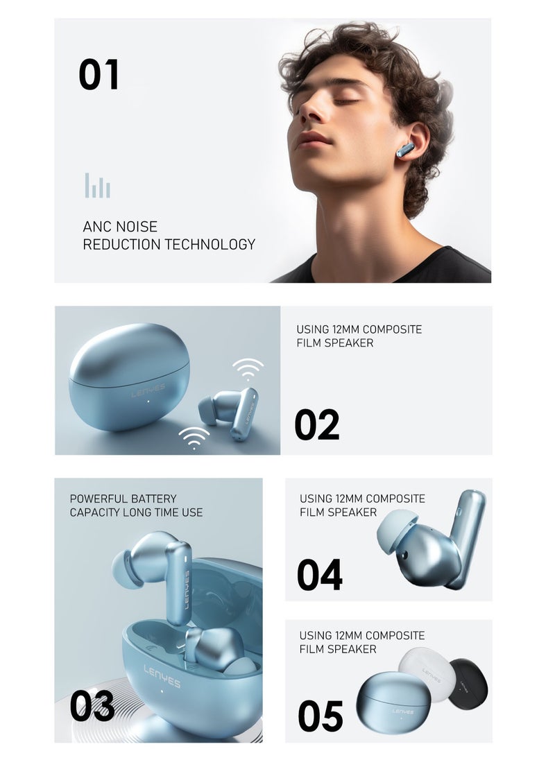 Lenyes AIR 100 Bluetooth Earphones 5.3, 10m Transmission distance，Noise reduction with Big Bass True Wireless Earbuds, IPX5, Sound effects can be adjusted via app