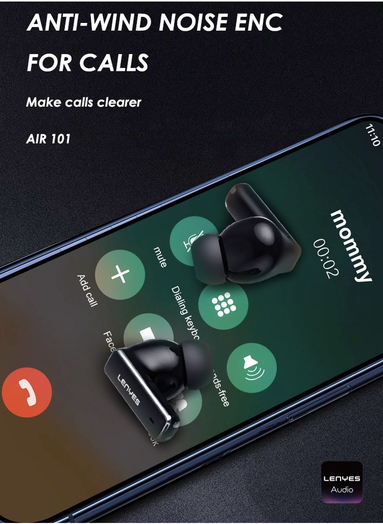 LENYES AIR 101 ENC Earbuds, 98.5 Percent Noise Reduction, Adaptive Cancelling To Ears And Environment, Hi-Res Sound, 50H Battery, Wireless Charging, Bluetooth 5.3 Black
