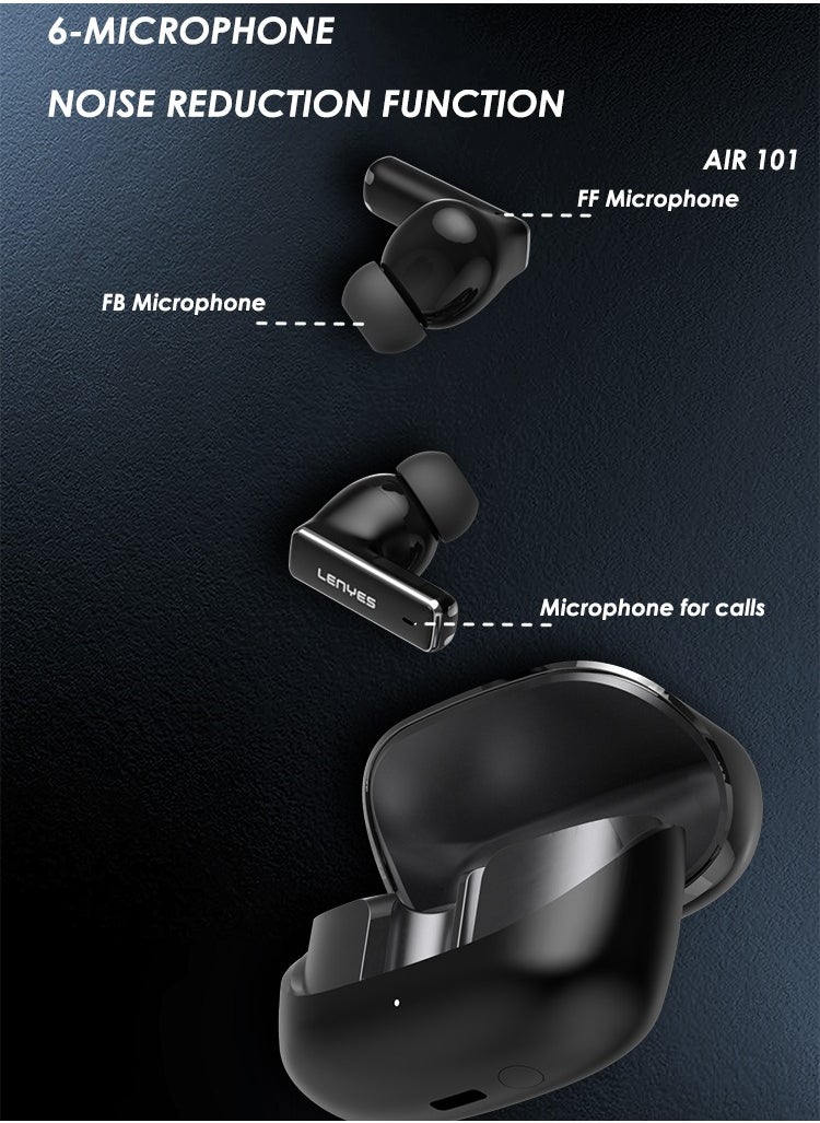LENYES AIR 101 ENC Earbuds, 98.5 Percent Noise Reduction, Adaptive Cancelling To Ears And Environment, Hi-Res Sound, 50H Battery, Wireless Charging, Bluetooth 5.3 Black