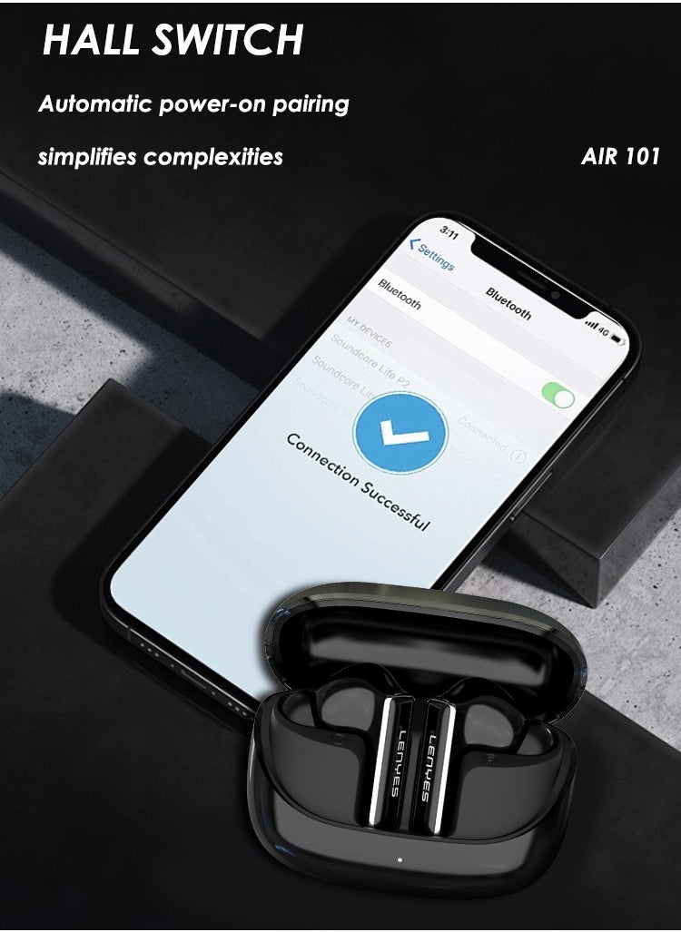 LENYES AIR 101 ENC Earbuds, 98.5 Percent Noise Reduction, Adaptive Cancelling To Ears And Environment, Hi-Res Sound, 50H Battery, Wireless Charging, Bluetooth 5.3 Black