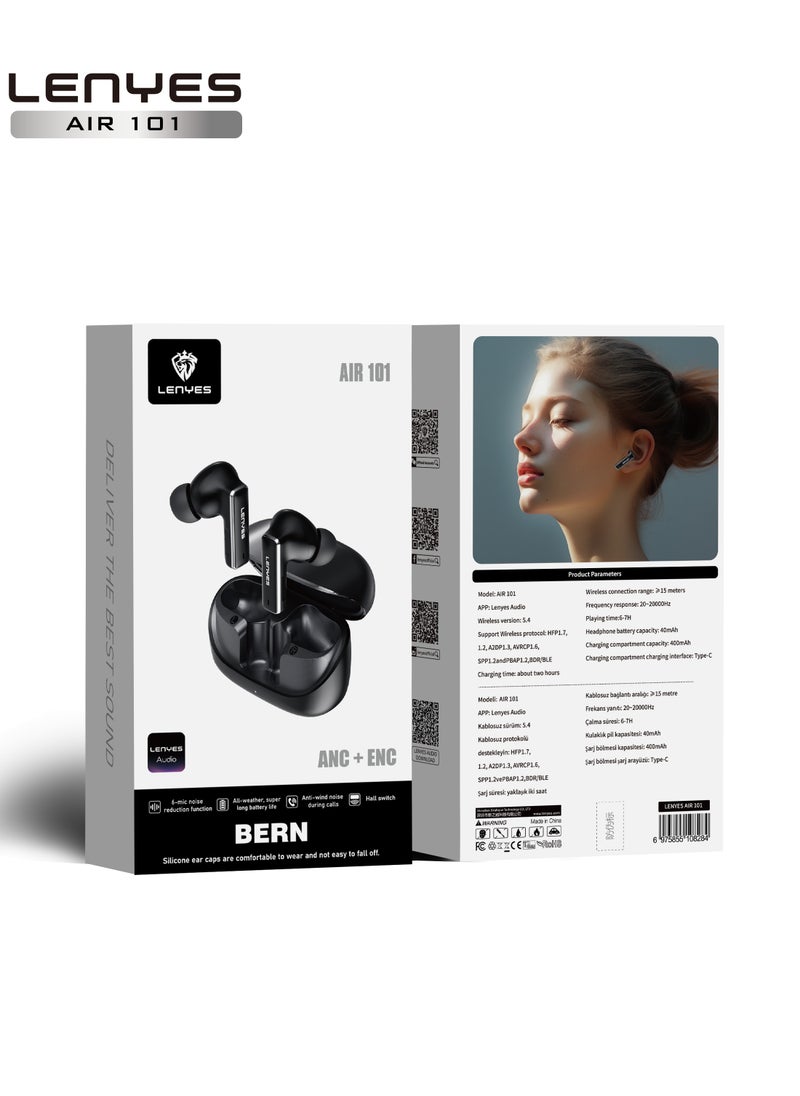 LENYES AIR 101 ENC Earbuds, 98.5 Percent Noise Reduction, Adaptive Cancelling To Ears And Environment, Hi-Res Sound, 50H Battery, Wireless Charging, Bluetooth 5.3 Black