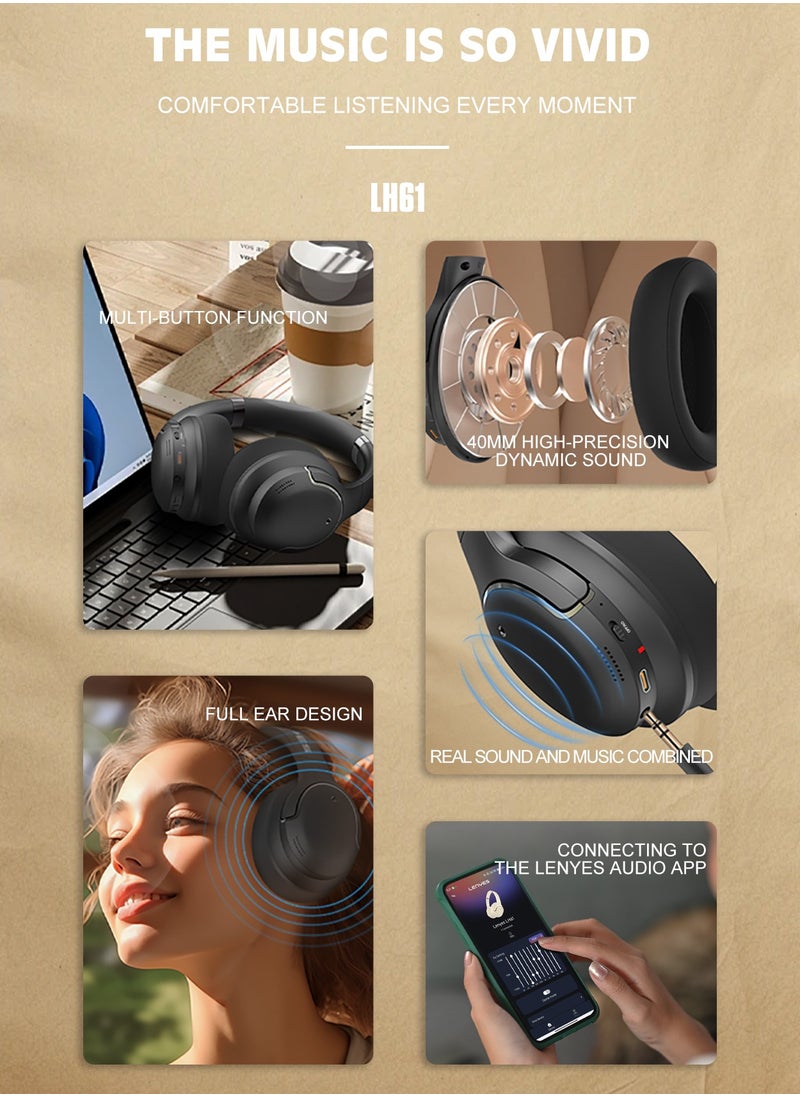 LENYES LH61 Wireless On-Ear Headphones, Foldable Design, Pure Bass, 70H Playtime, Bluetooth 5.4, Lightweight and Comfortable, App Connectivity, Multipoint Connection Black