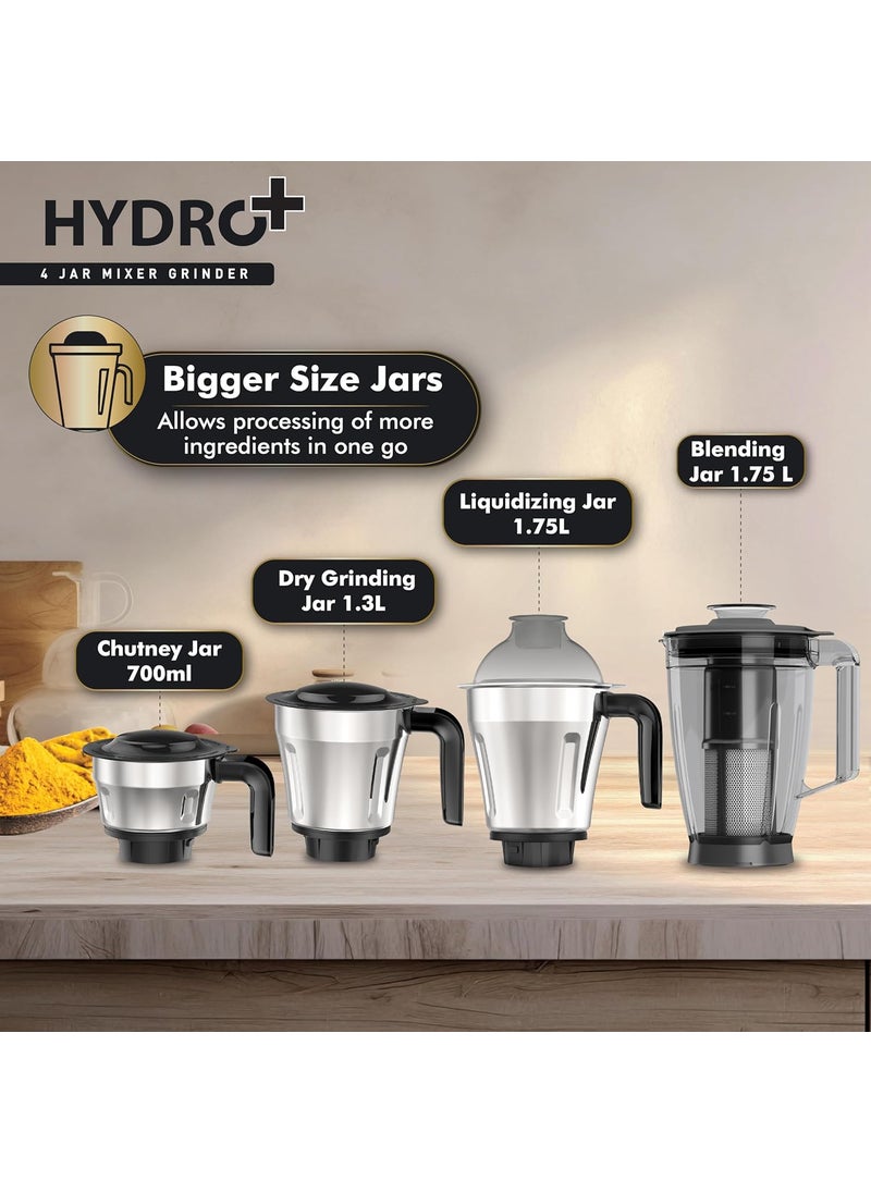 Havells Hydro Plus 1000 Watt 4 Jar Mixer Grinder High Speed Mixie 22000 RPM motor|Rust Resistant 304SS Blade|1.75 Ltr Break Resistant Blending Jar| 5 Year Motor Manufacturer Warranty (Black)