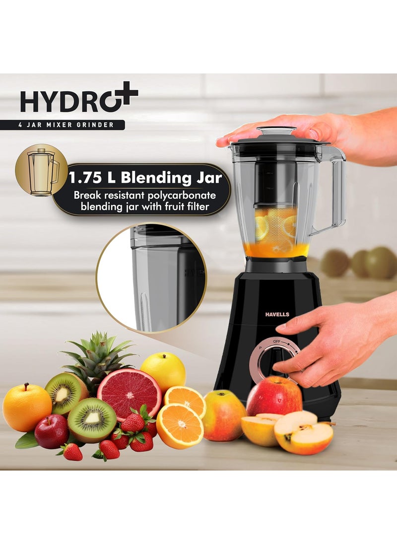 Havells Hydro Plus 1000 Watt 4 Jar Mixer Grinder High Speed Mixie 22000 RPM motor|Rust Resistant 304SS Blade|1.75 Ltr Break Resistant Blending Jar| 5 Year Motor Manufacturer Warranty (Black)
