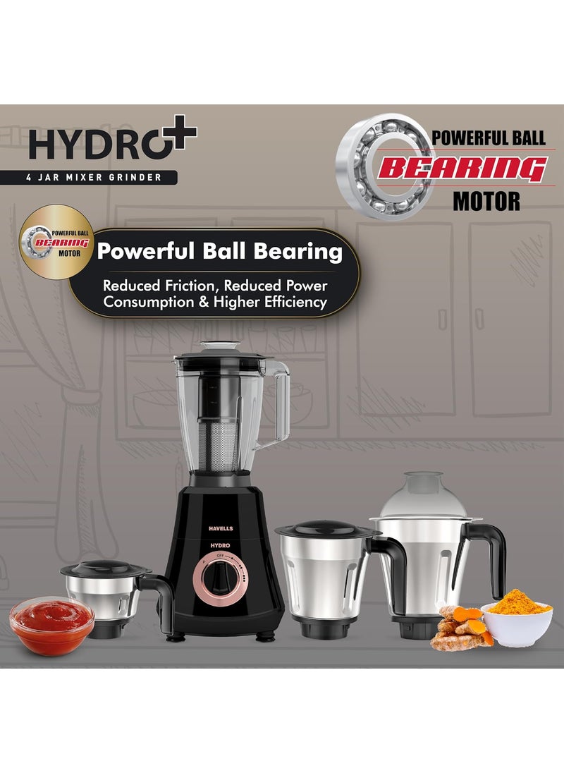 Havells Hydro Plus 1000 Watt 4 Jar Mixer Grinder High Speed Mixie 22000 RPM motor|Rust Resistant 304SS Blade|1.75 Ltr Break Resistant Blending Jar| 5 Year Motor Manufacturer Warranty (Black)