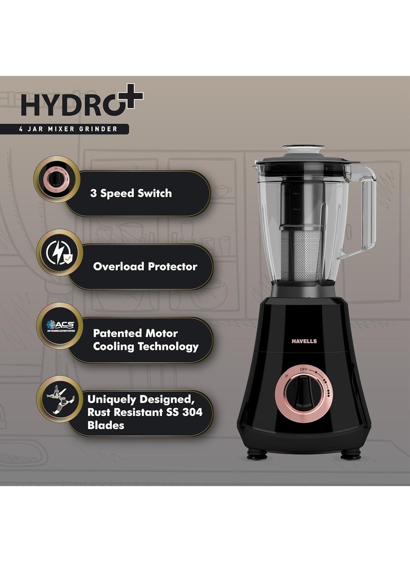Havells Hydro Plus 1000 Watt 4 Jar Mixer Grinder High Speed Mixie 22000 RPM motor|Rust Resistant 304SS Blade|1.75 Ltr Break Resistant Blending Jar| 5 Year Motor Manufacturer Warranty (Black)