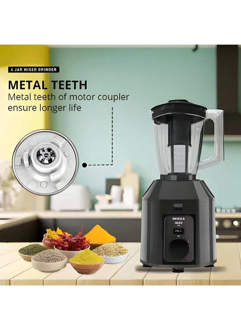 Havells Hexo Plus 1100 Watts 4 Jar Mixer Grinder| High Speed Mixie 22000 RPM motor| 100 Minutes Continuous Run Time| 2 Ltr Break Resistant Blending Jar| 5 Year Motor Manufacturer Warranty (Black)