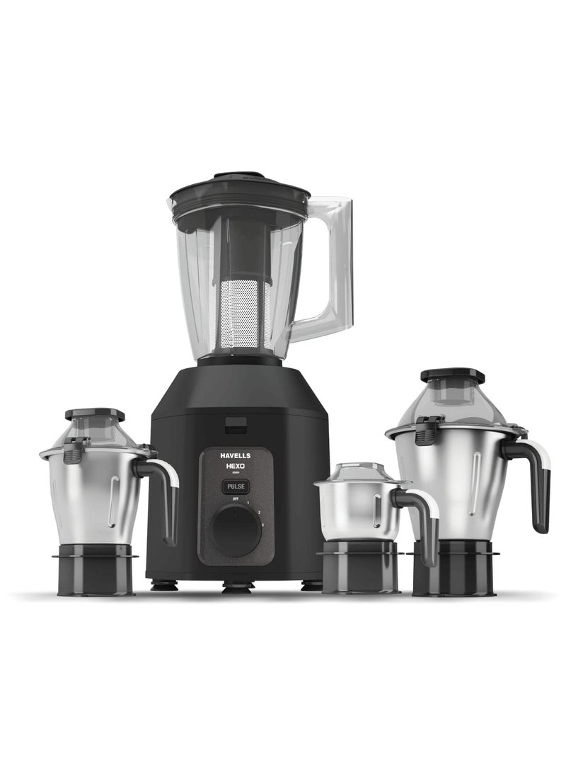Havells Hexo Plus 1100 Watts 4 Jar Mixer Grinder| High Speed Mixie 22000 RPM motor| 100 Minutes Continuous Run Time| 2 Ltr Break Resistant Blending Jar| 5 Year Motor Manufacturer Warranty (Black)