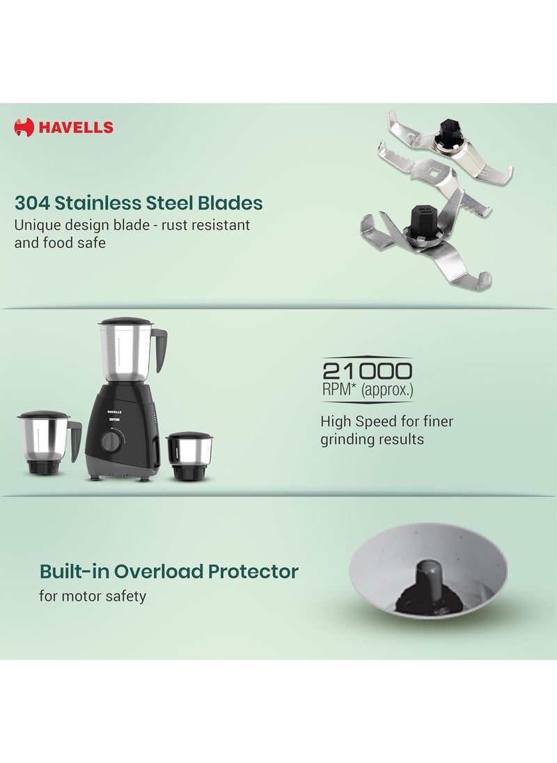 Havells Capture 500 Watts 3 Jar Mixer Grinder|High Speed Mixie 21000 RPM Motor|Rust Resistant 304SS Blades| 1.5 Ltr Bigger Size Blending Jar| 1 Yr Manufacturer Warranty | Overheat Protection (Black)