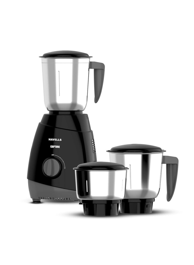 Havells Capture 500 Watts 3 Jar Mixer Grinder|High Speed Mixie 21000 RPM Motor|Rust Resistant 304SS Blades| 1.5 Ltr Bigger Size Blending Jar| 1 Yr Manufacturer Warranty | Overheat Protection (Black)