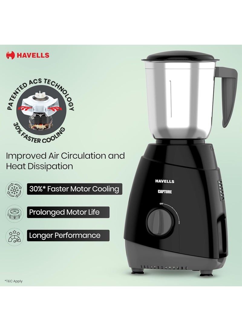 Havells Capture 500 Watts 3 Jar Mixer Grinder|High Speed Mixie 21000 RPM Motor|Rust Resistant 304SS Blades| 1.5 Ltr Bigger Size Blending Jar| 1 Yr Manufacturer Warranty | Overheat Protection (Black)