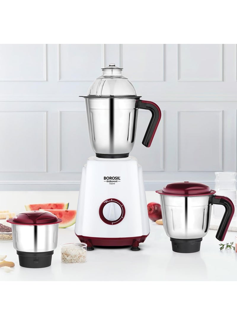 Borosil Duramax 750 W Mixer Grinder | Wet & Dry Mixing, Grinding & Blending | 3 Jars (1.5 L Blending Jar, 1.2 L Grinder Jar, 0.5 L Chutney Jar) | Mixie For Kitchen, White | 2 Years Warranty
