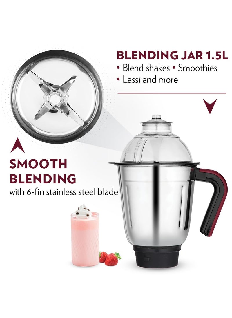 Borosil Duramax 750 W Mixer Grinder | Wet & Dry Mixing, Grinding & Blending | 3 Jars (1.5 L Blending Jar, 1.2 L Grinder Jar, 0.5 L Chutney Jar) | Mixie For Kitchen, White | 2 Years Warranty