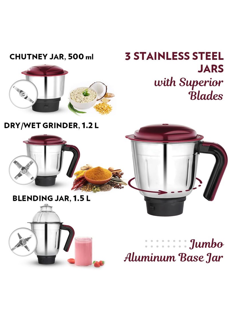 Borosil Duramax 750 W Mixer Grinder | Wet & Dry Mixing, Grinding & Blending | 3 Jars (1.5 L Blending Jar, 1.2 L Grinder Jar, 0.5 L Chutney Jar) | Mixie For Kitchen, White | 2 Years Warranty