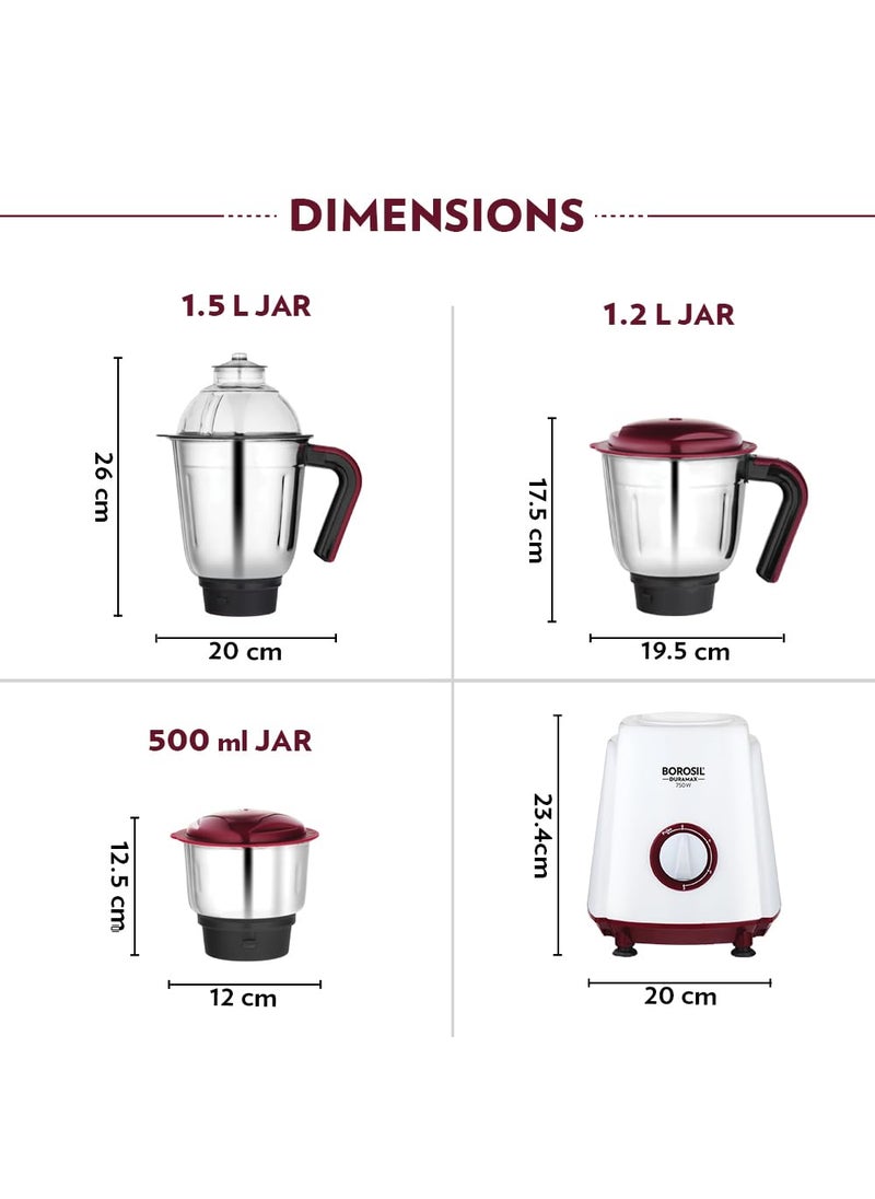 Borosil Duramax 750 W Mixer Grinder | Wet & Dry Mixing, Grinding & Blending | 3 Jars (1.5 L Blending Jar, 1.2 L Grinder Jar, 0.5 L Chutney Jar) | Mixie For Kitchen, White | 2 Years Warranty