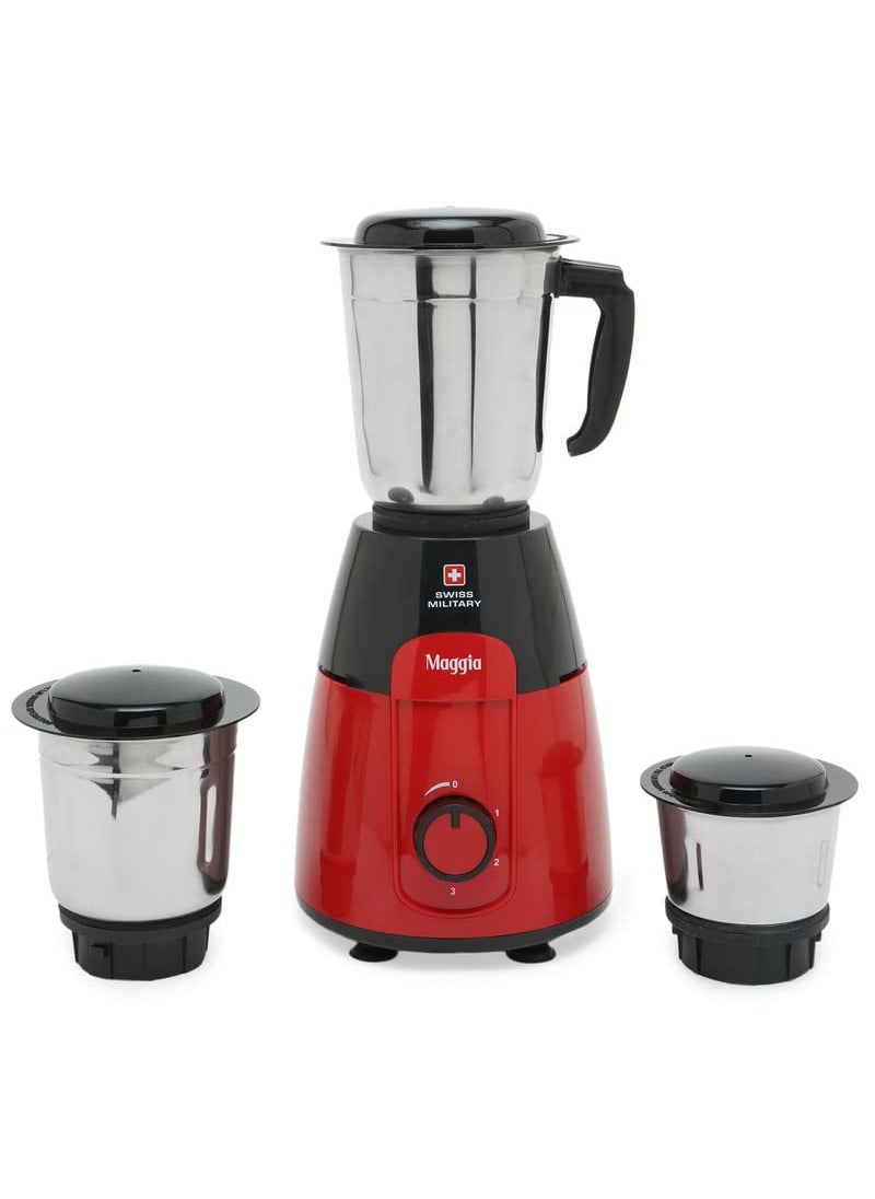 Swiss Military 550W MAGGIA Mixer Grinder with 3 Stainless Steel Leak-proof Jars, 3 Speed & Pulse function, 2 years warranty, SM809MAG, Black and Red Color