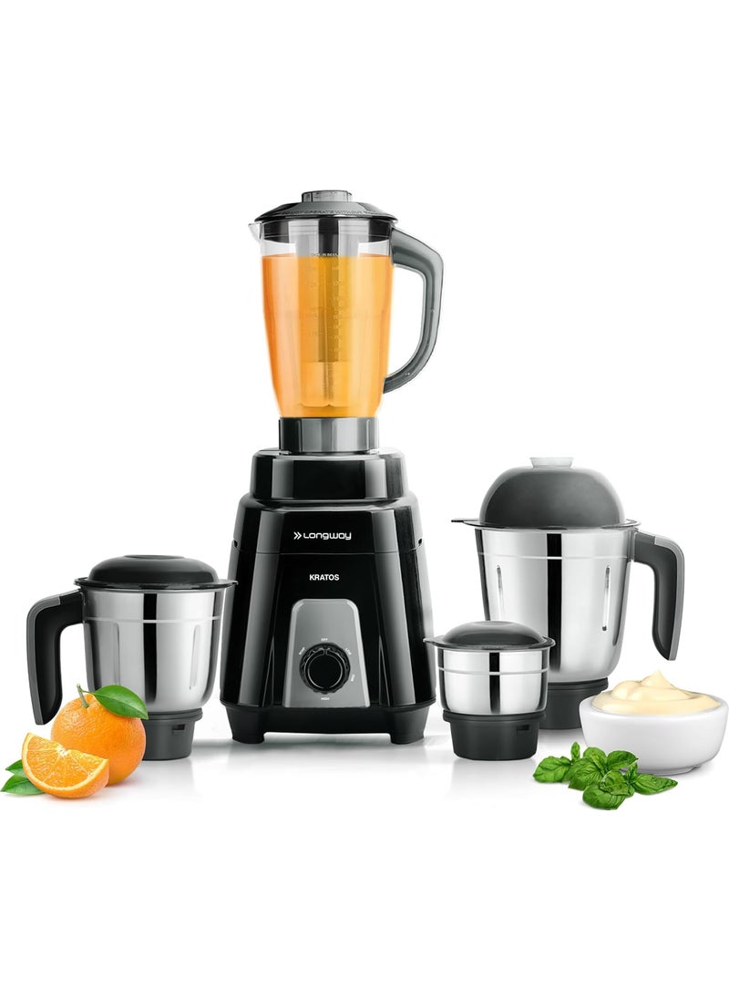 Longway Kratos 1000 Watt Juicer Mixer Grinder with Multipurpose Jars for Grinding, Mixing, Juicing with Stainless Steel Blades | 1 Year Warranty | (Black, 4 Jars)