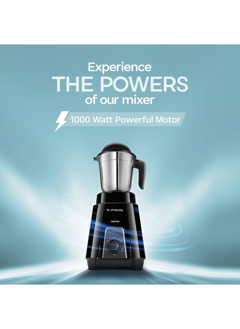 Longway Kratos 1000 Watt Juicer Mixer Grinder with Multipurpose Jars for Grinding, Mixing, Juicing with Stainless Steel Blades | 1 Year Warranty | (Black, 4 Jars)
