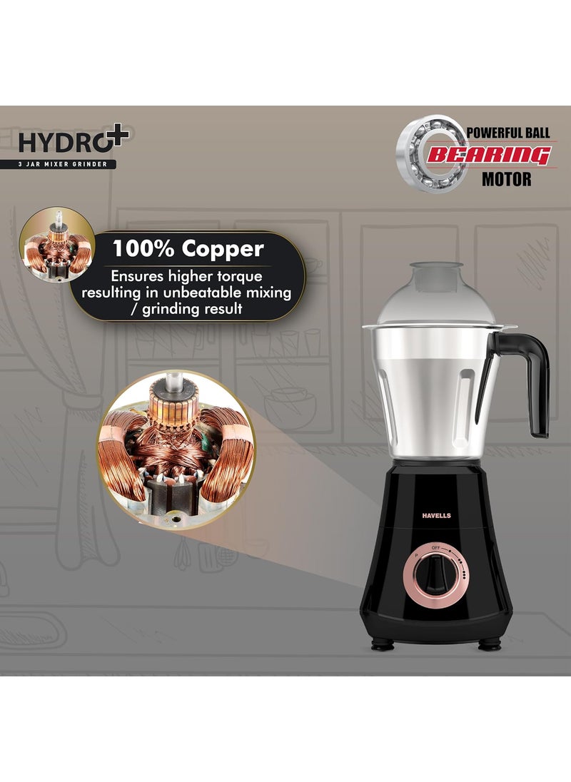Havells Hydro Plus 1000 watt 3 Jar Mixer Grinder with Ball Bearing Motor, 22000 RPM, Wider mouth Stainless Steel Jar, Hands Free operation, SS-304 Grade Blade & 2 Yr Manufacturer Warranty