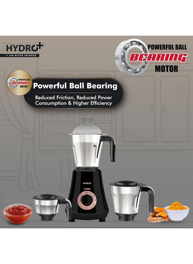 Havells Hydro Plus 1000 watt 3 Jar Mixer Grinder with Ball Bearing Motor, 22000 RPM, Wider mouth Stainless Steel Jar, Hands Free operation, SS-304 Grade Blade & 2 Yr Manufacturer Warranty