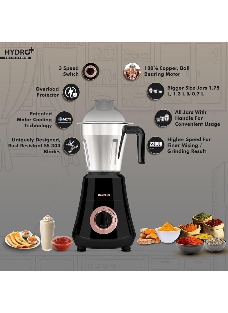 Havells Hydro Plus 1000 watt 3 Jar Mixer Grinder with Ball Bearing Motor, 22000 RPM, Wider mouth Stainless Steel Jar, Hands Free operation, SS-304 Grade Blade & 2 Yr Manufacturer Warranty