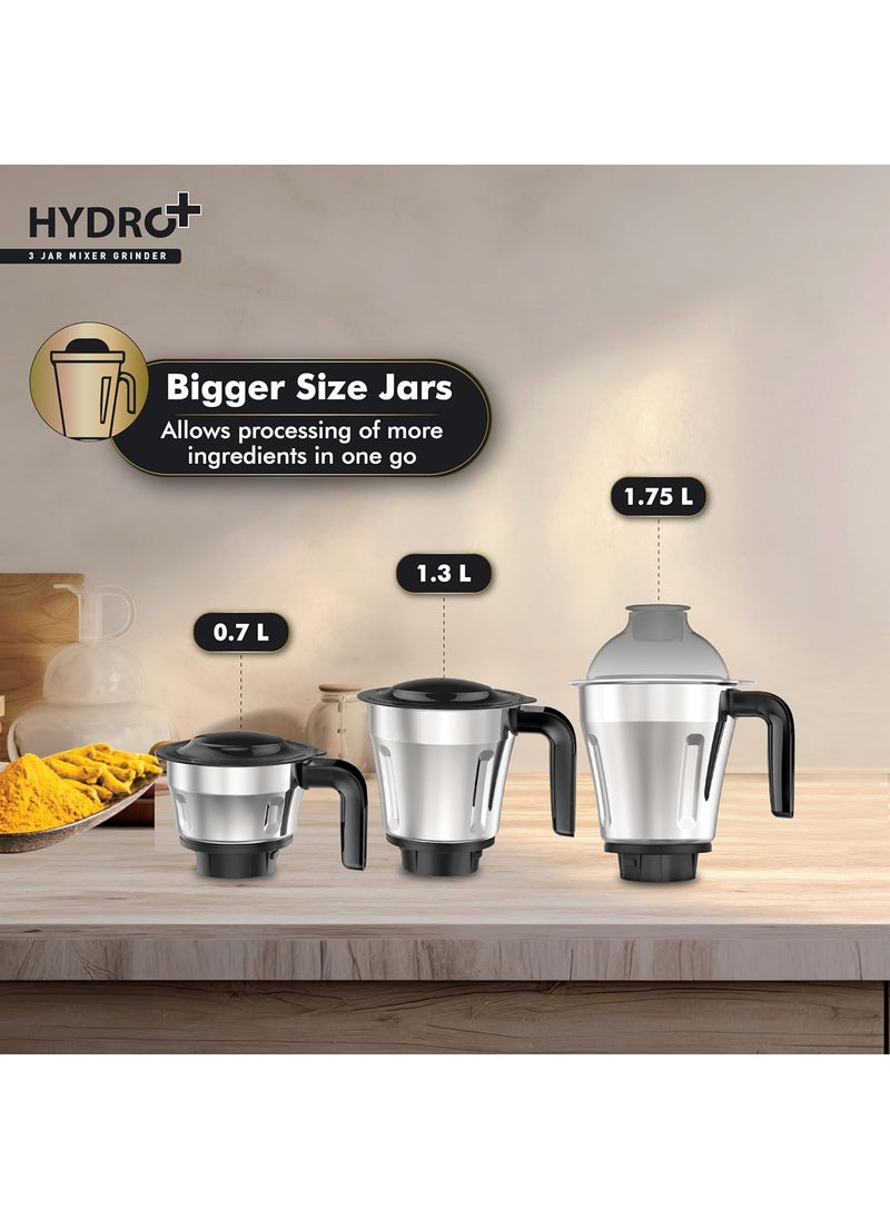 Havells Hydro Plus 1000 watt 3 Jar Mixer Grinder with Ball Bearing Motor, 22000 RPM, Wider mouth Stainless Steel Jar, Hands Free operation, SS-304 Grade Blade & 2 Yr Manufacturer Warranty
