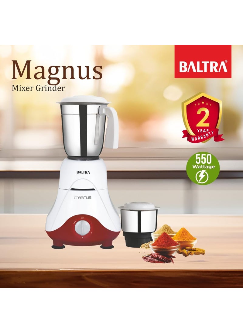 Baltra Magnus BMG-161 Mixer Grinder 550W | 2 Multipurpose Jars, Powerful Grinding, Stainless Steel Material, Adjustable Speed Control, Low Noise, Overload Protection, 2-Year Warranty
