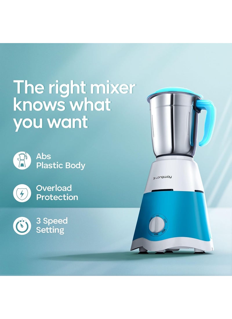 Longway Super Dlx 3 Jar 700 Watt Mixer Grinder - White & Blue