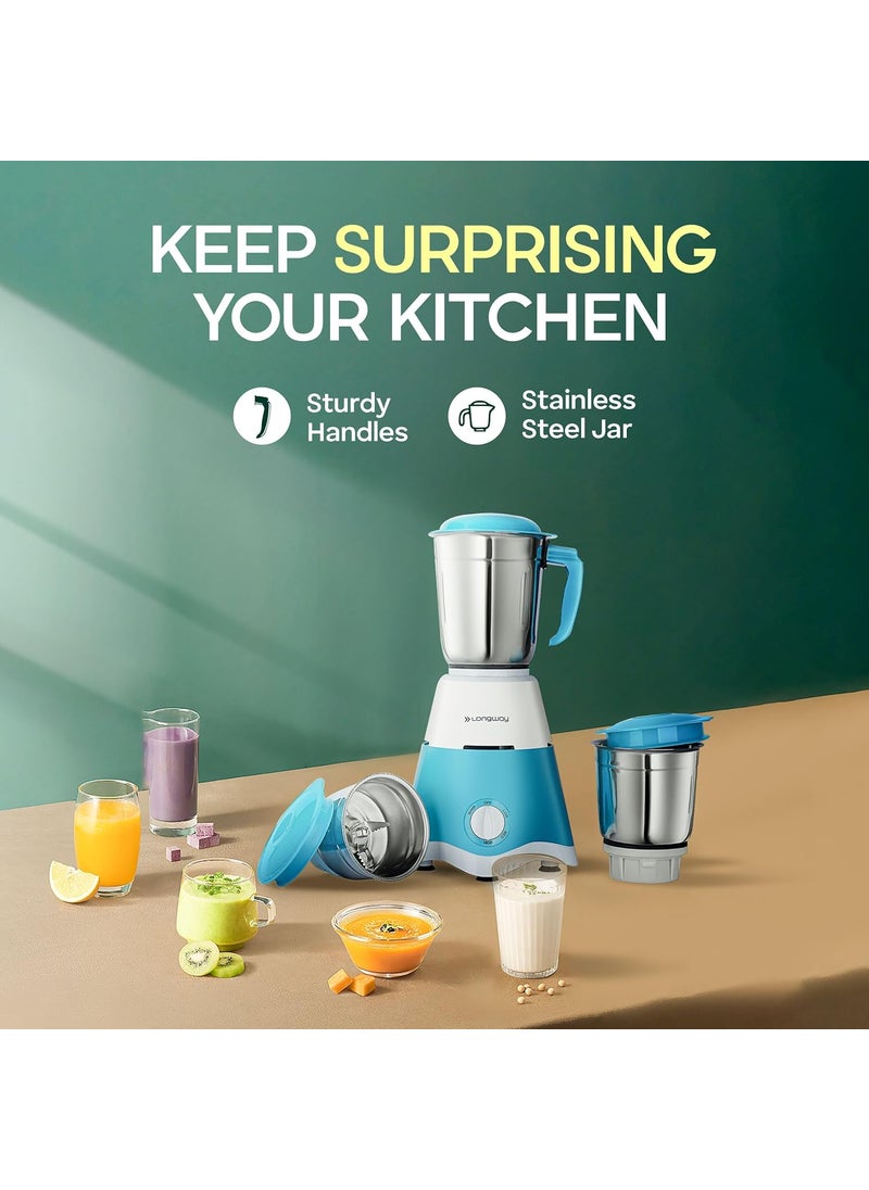 Longway Super Dlx 3 Jar 700 Watt Mixer Grinder - White & Blue