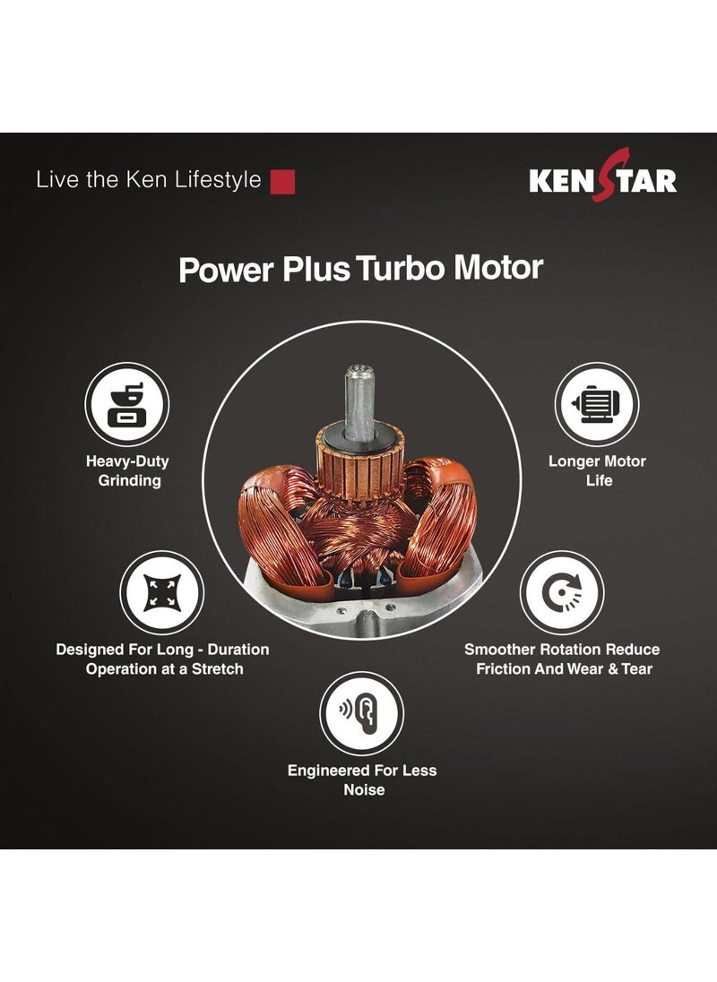 Kenstar KLOVE -750 Watt, 3 Jar Mixer Grinder With Power Plus Turbo Motor (5 Year warranty on Motor), Dark Grey & White