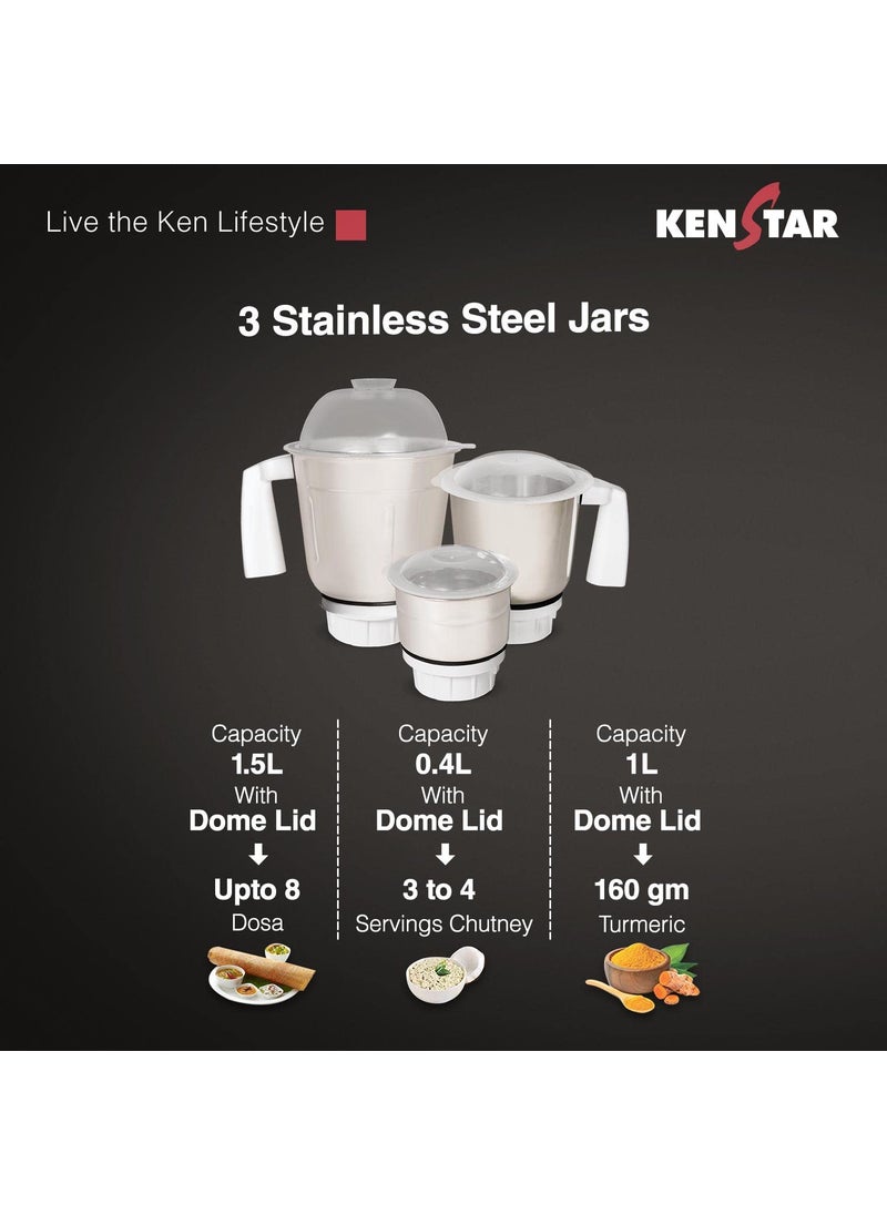 Kenstar KLOVE -750 Watt, 3 Jar Mixer Grinder With Power Plus Turbo Motor (5 Year warranty on Motor), Dark Grey & White