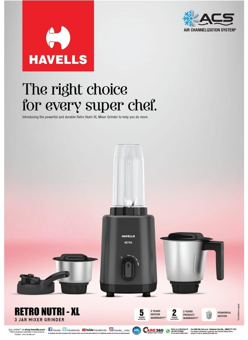 Havells Retro Nutri-Xl 500 Watts 3 Jar Mixer Grinder|21000Rpm| RoHS Complaint | 600Ml Nutri Jar with Sipper Lid | 1L Dry/Wet Grinding Jar |2Yr Product & 5Yr Motor Manufacturer Warranty (Black)