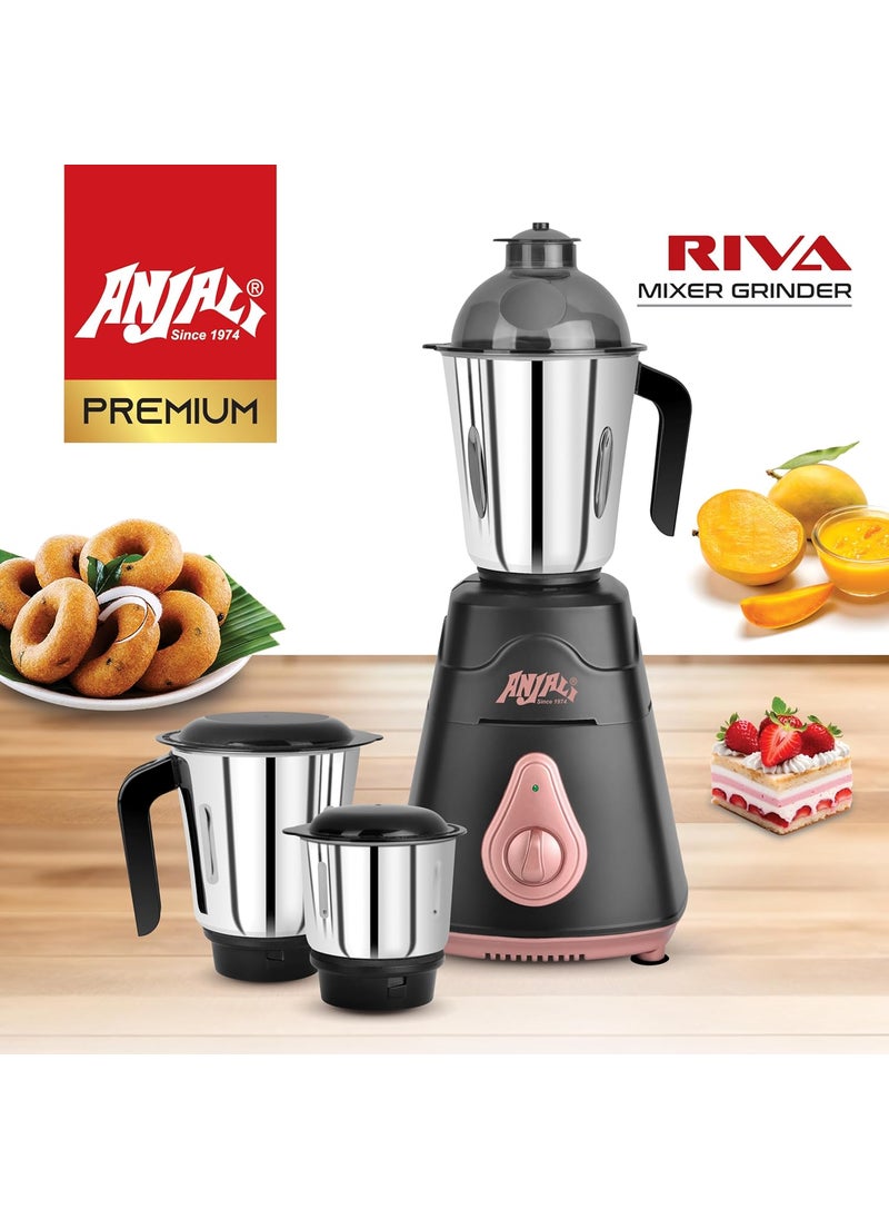 Anjali Riva Hybrid 750-Watt Mixer Grinder with 3 Stainless Steel Multipurpose Jar for Juicing | Wet Grinding & Chutney Jar | ABS Body| Heavy Duty Motor | 2 Years Warranty | Metallic black