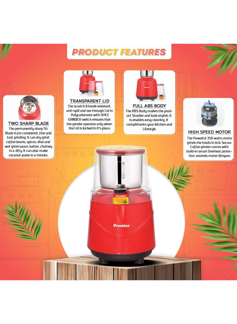 Premier Spice Grinder KM-521 | 350W Wet & Dry Multifunction Food Grinder |Stainless Steel Herbs, Spices, Nuts, and Grain Grinder for Home & Office with Detachable Jar