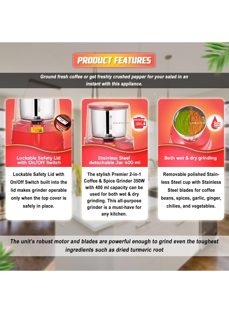 Premier Spice Grinder KM-521 | 350W Wet & Dry Multifunction Food Grinder |Stainless Steel Herbs, Spices, Nuts, and Grain Grinder for Home & Office with Detachable Jar