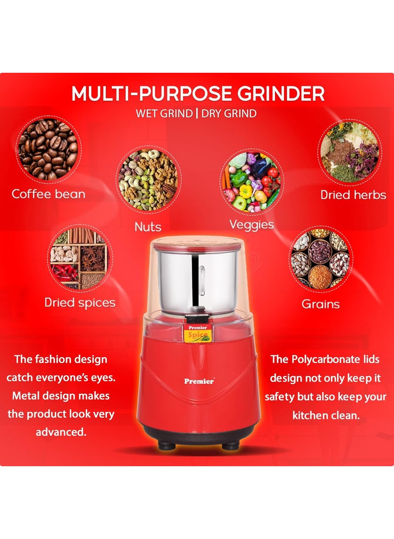 Premier Spice Grinder KM-521 | 350W Wet & Dry Multifunction Food Grinder |Stainless Steel Herbs, Spices, Nuts, and Grain Grinder for Home & Office with Detachable Jar