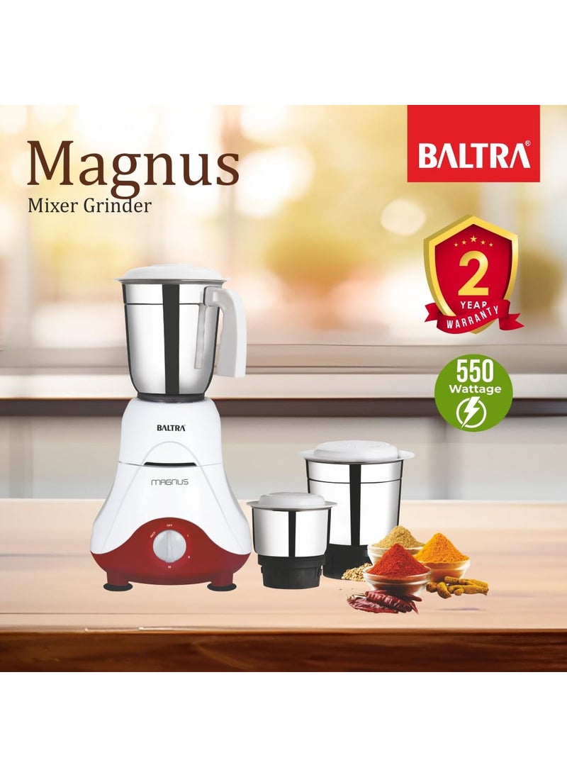 Baltra Magnus BMG-162 Mixer Grinder 550W with 3 Stainless Steel Jars | (Wet & Dry Grinding), Adjustable Speed Control, Low Noise, Overload Protection, Lightweight & Durable, 2-Year Warranty