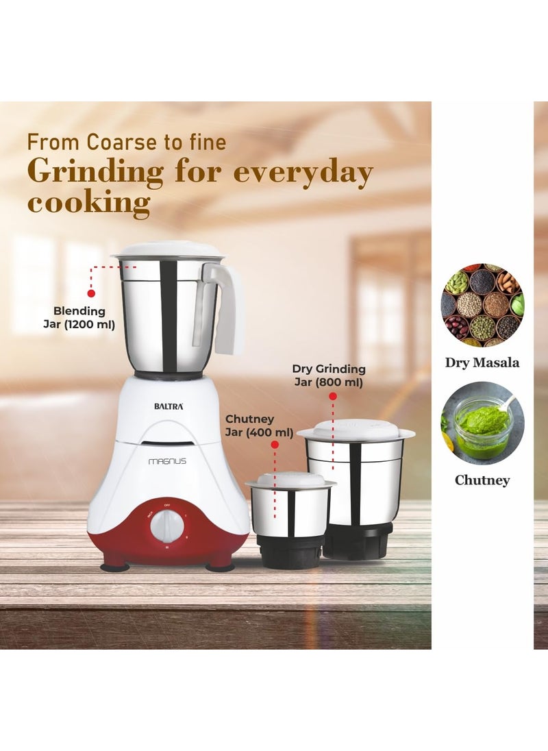 Baltra Magnus BMG-162 Mixer Grinder 550W with 3 Stainless Steel Jars | (Wet & Dry Grinding), Adjustable Speed Control, Low Noise, Overload Protection, Lightweight & Durable, 2-Year Warranty