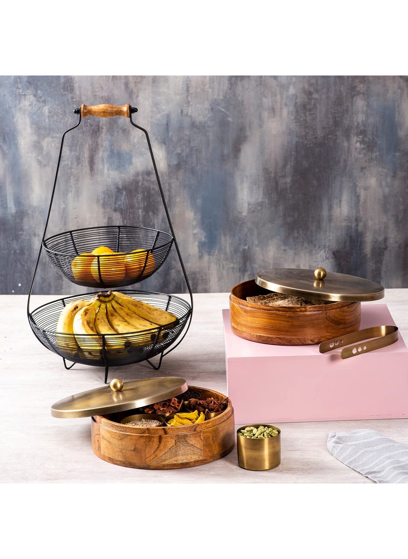 nestroots Masala Box Chapati Box & Basket for kitchen storage| Wooden spice jar with casserole roti box and fruit basket combo (Gold)