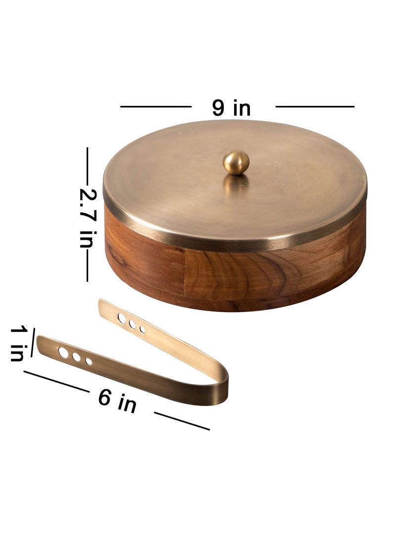 nestroots Masala Box Chapati Box & Basket for kitchen storage| Wooden spice jar with casserole roti box and fruit basket combo (Gold)